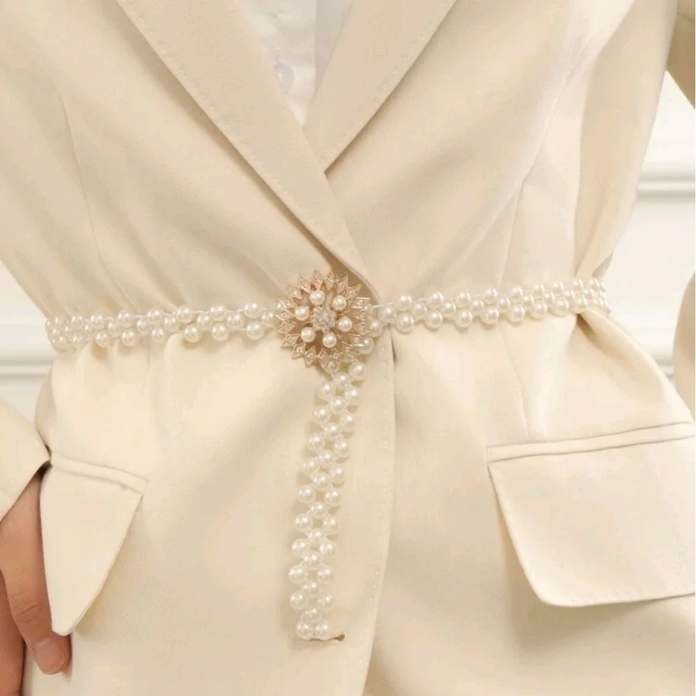Pearl Stretch Waist Gold Rhinestone Buckle Belt Elastic Coquette Bridal Wedding